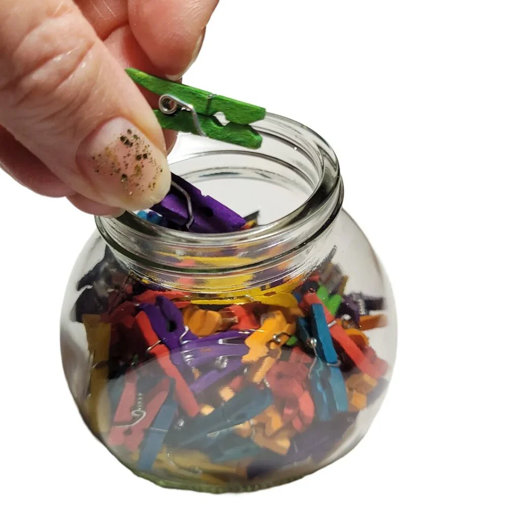 Jug of Multi-Colored Small, Med. Large Wooden Beads & Small Colored Clothespins